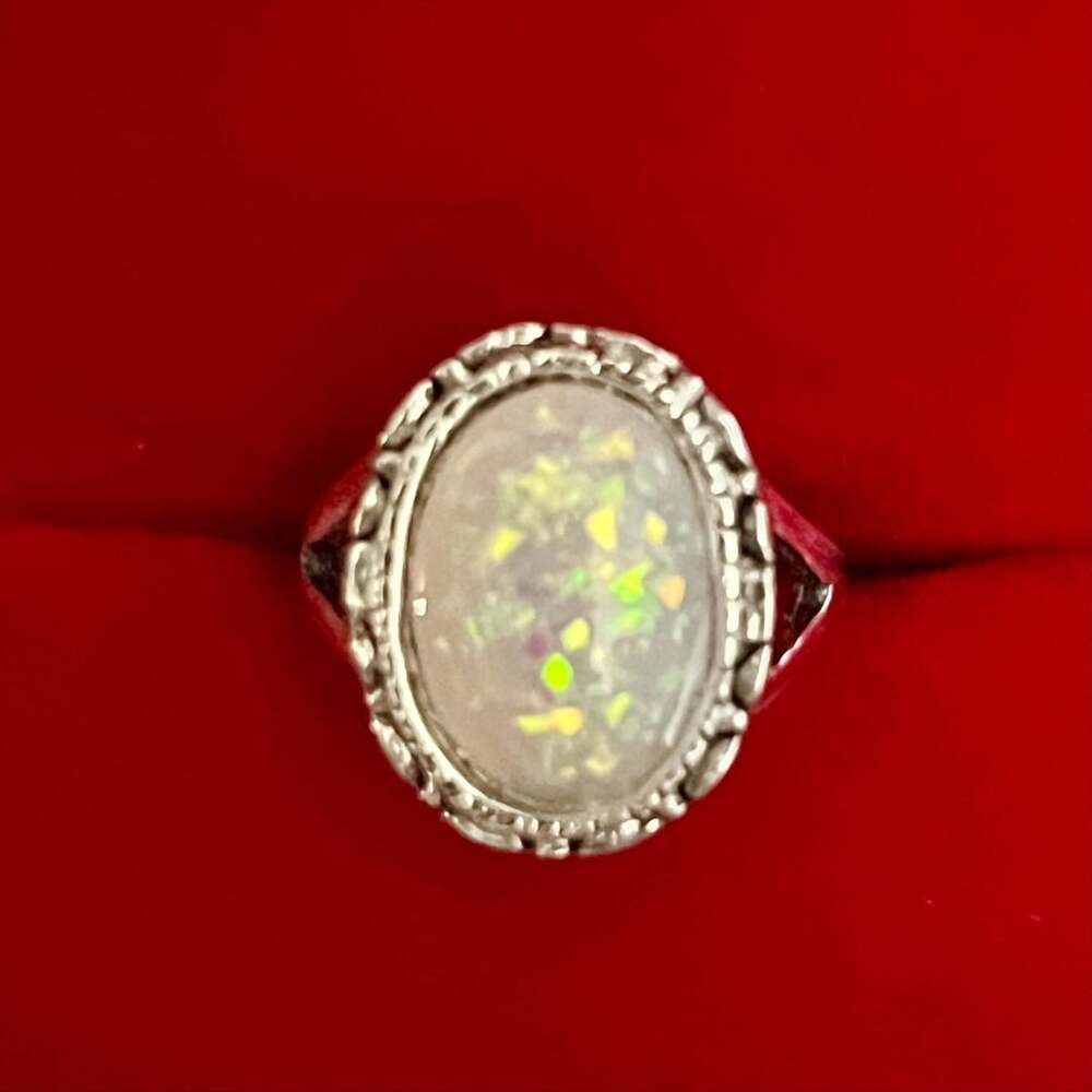 Simulated Opal Silver Tone Ring White Stone Size 6
